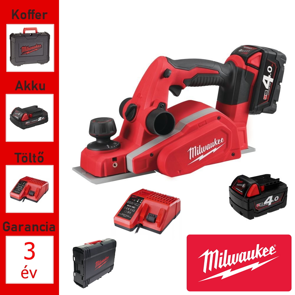 Milwaukee 18V akkus gyalu 82mm + 2 akku, töltő, koffer